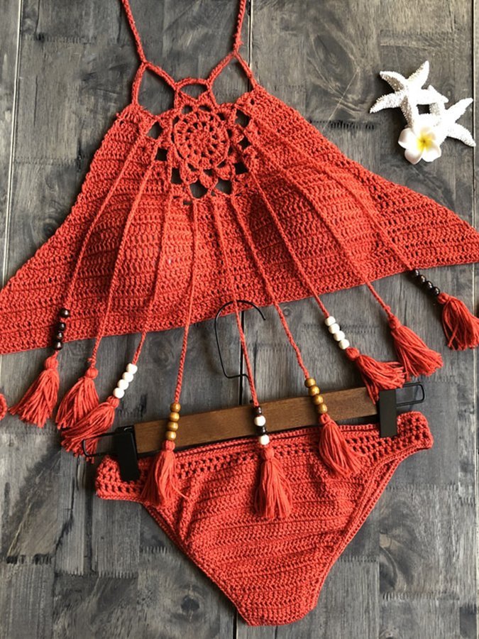 Solid Color Hand Crochet Cutout Bikini Set
