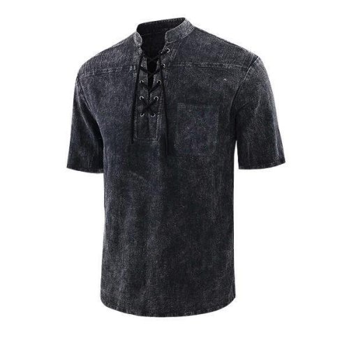 Men Gothic Retro T Shirt Lace-up V-neck Denim Pocket Short Sleeve Tee Shirt Loose Tops