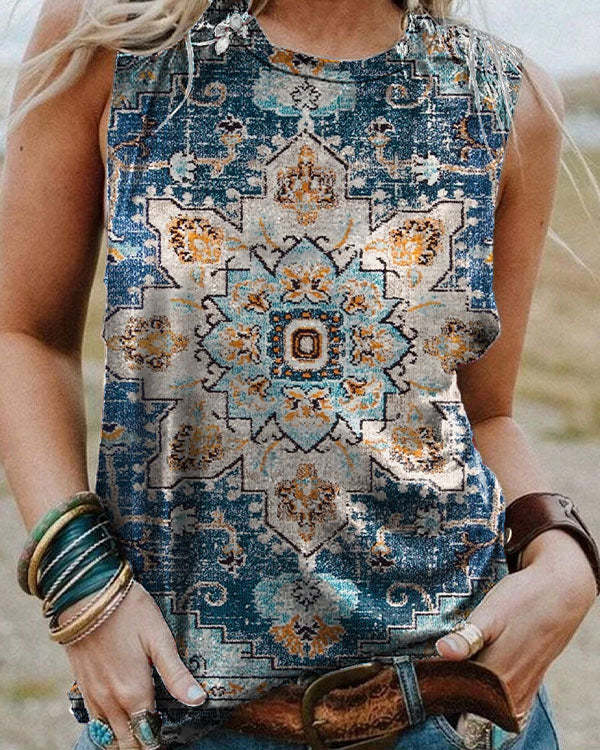 Dark Blue Vintage Floral Check Tank Top