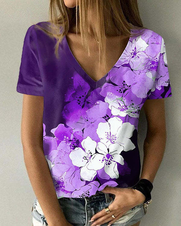Women's Short Sleeve Floral V-Neck Top