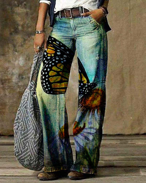 Vintage Floral Butterfly Casual Pants