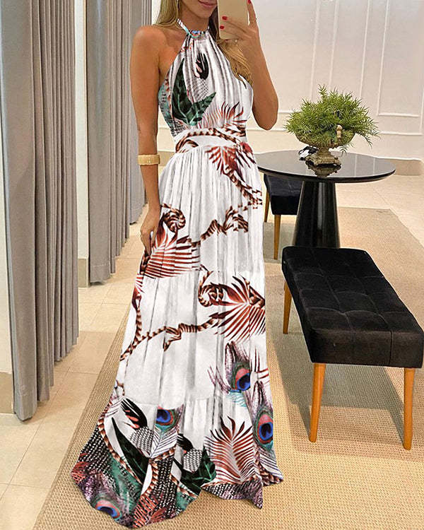 Boho Lace-up Sleeveless Printed Multicolor Maxi Dress