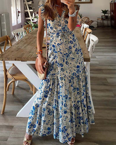 Fashion V-Neck Print Sleeveless Lace-Up Panel Long Dress