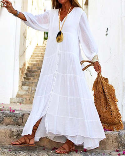 Boho Solid V-Neck Loose Long Sleeve Linen Dress