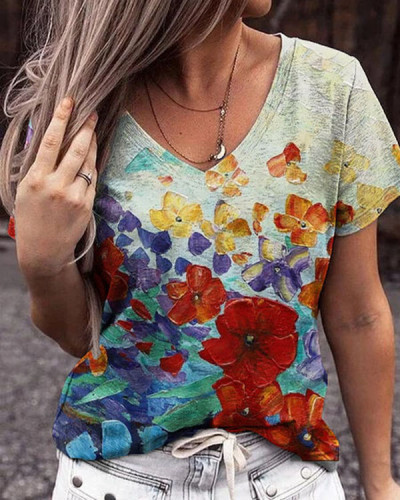 Women's  Abstract Floral V-Neck Short Sleeve T-Shirt