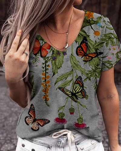 Women's Short Sleeve  Floral V-Neck Top