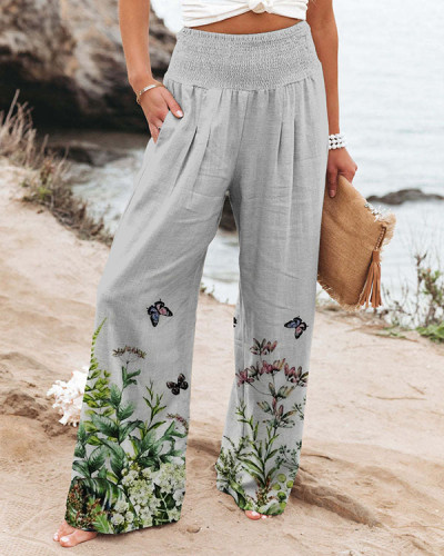 Women's Floral Cotton Linen Loose Pants