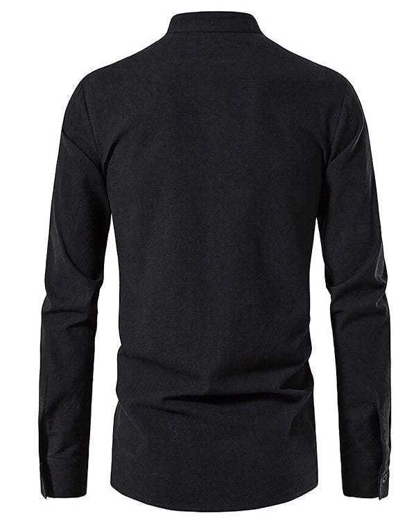 Men's Stand Collar Casual Patchwork Lace-Up Long Sleeve Top