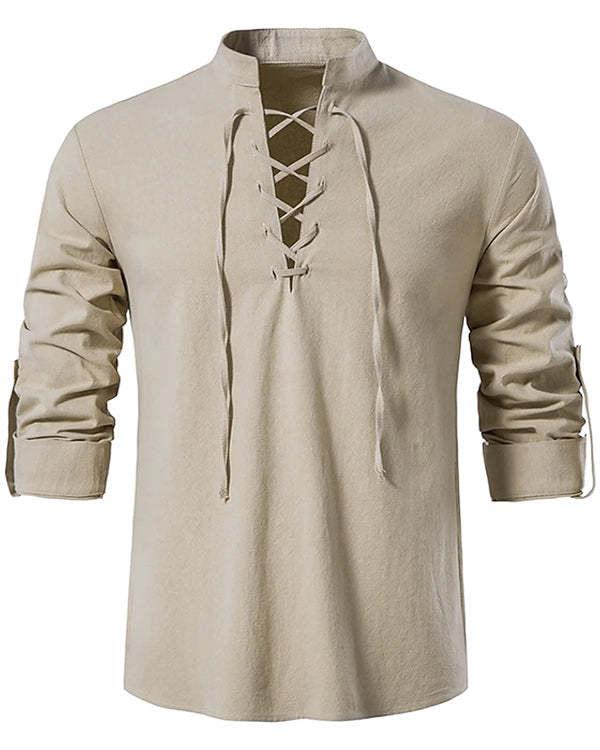 Men's Stand Collar Casual Patchwork Lace-Up Long Sleeve Top