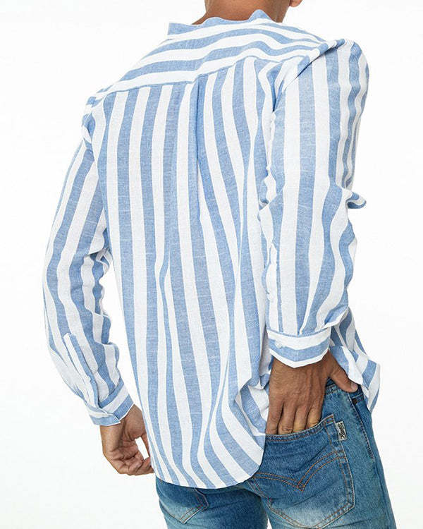 Men's V-neck Striped Casual Shirt Top