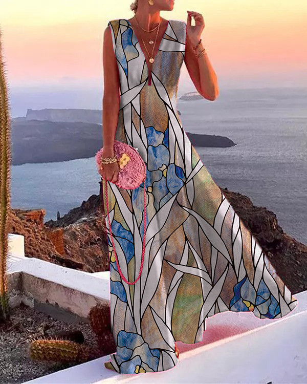 Elegant Print Sleeveless Maxi Dress