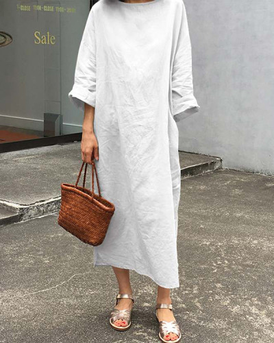 Casual Mid-sleeve Round Neck Solid Color Dress