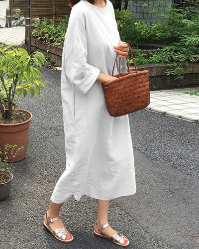 Casual Mid-sleeve Round Neck Solid Color Dress