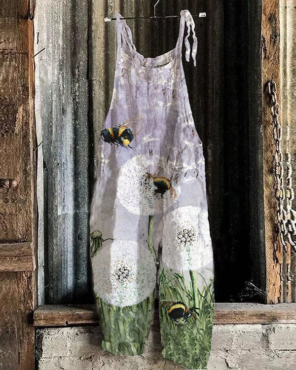 Women's Bee Flower Pattern Loose Casual Jumpsuit