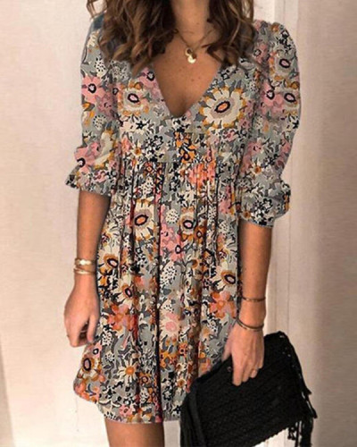 Floral Puff Sleeve Casual Tunic Dress