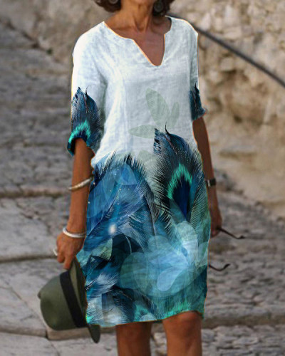 Casual V-Neck Mid Length Peacock Feather Dress