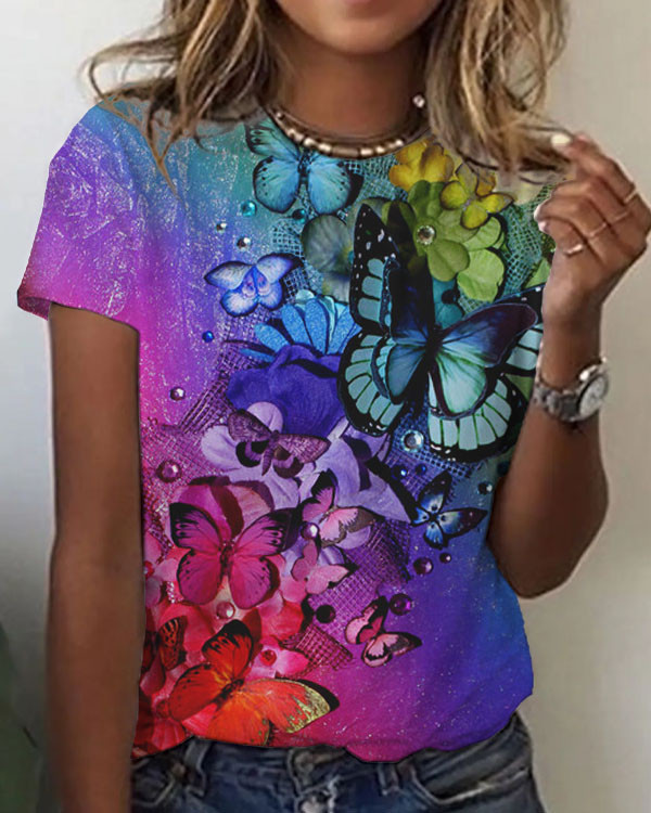 Women's Butterfly  Pattern Crew Neck T-shirt