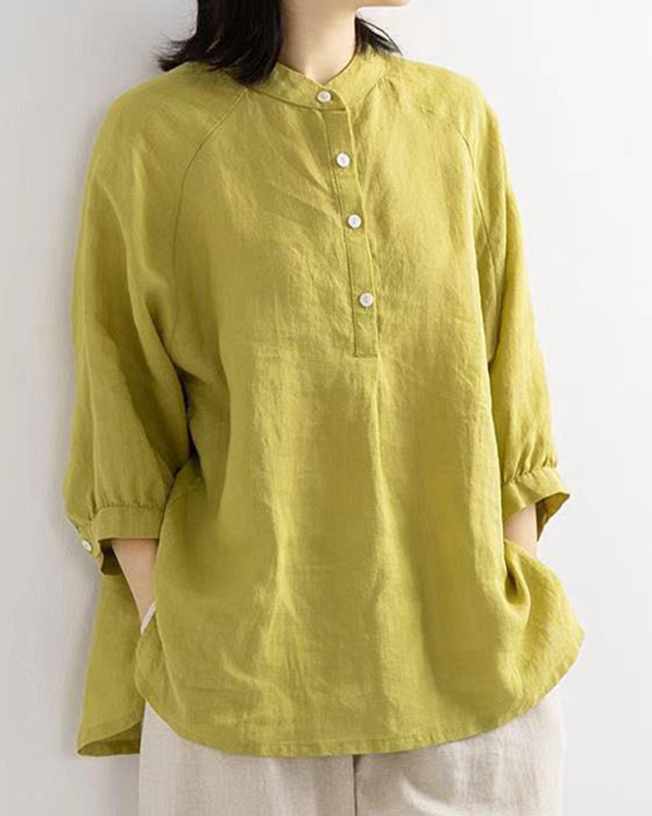 Solid Color Casual Mid Sleeve Cotton Linen Top