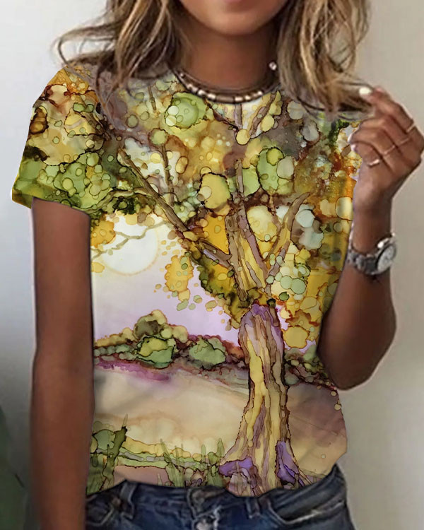 Women's Floral Trees Abstract Pattern Crew Neck T-shirt