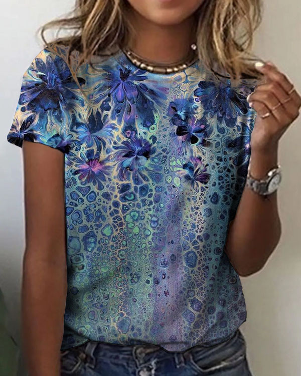 Women's  Flower Pattern Crew Neck T-shirt