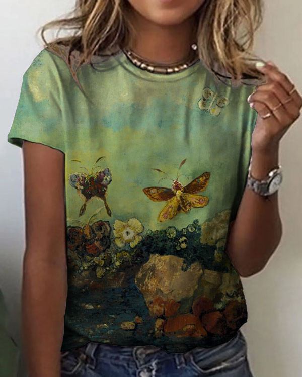 Women's Butterfly Flower Pattern Crew Neck T-shirt