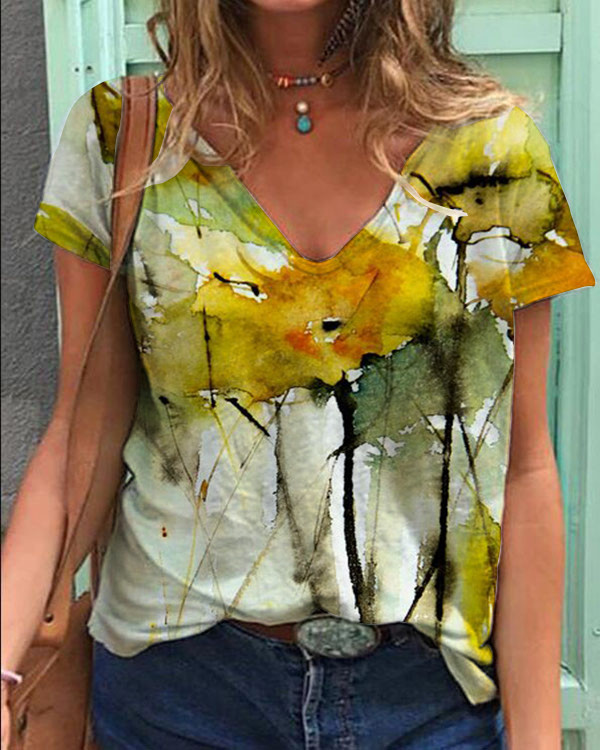 Fall Leaves Watercolor V-Neck Top