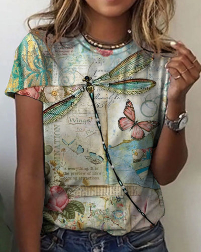 Women's Dragonfly Floral Pattern Crew Neck T-shirt
