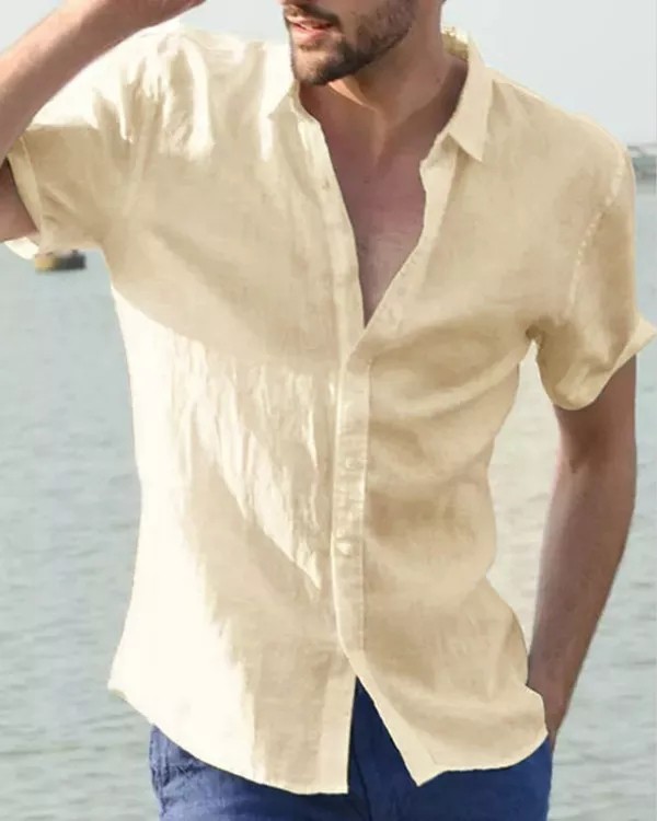 Men's Solid Color Lapel Cotton Linen Cardigan Beach Top