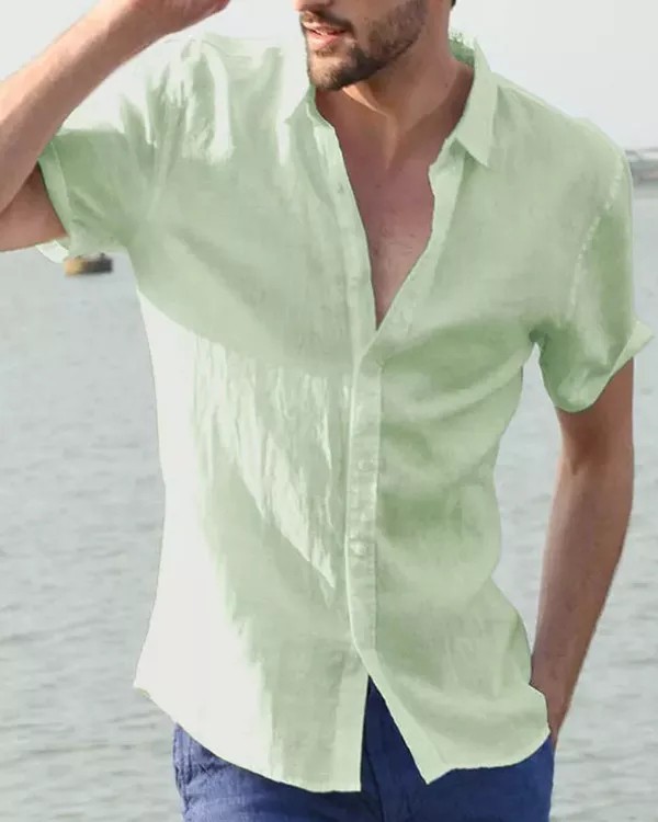 Men's Solid Color Lapel Cotton Linen Cardigan Beach Top