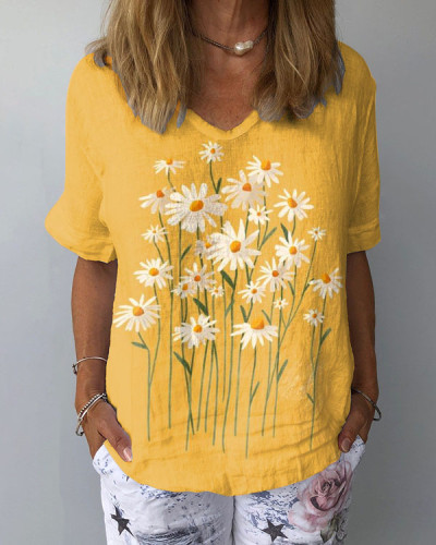 Daisy Linen V-Neck Loose Top