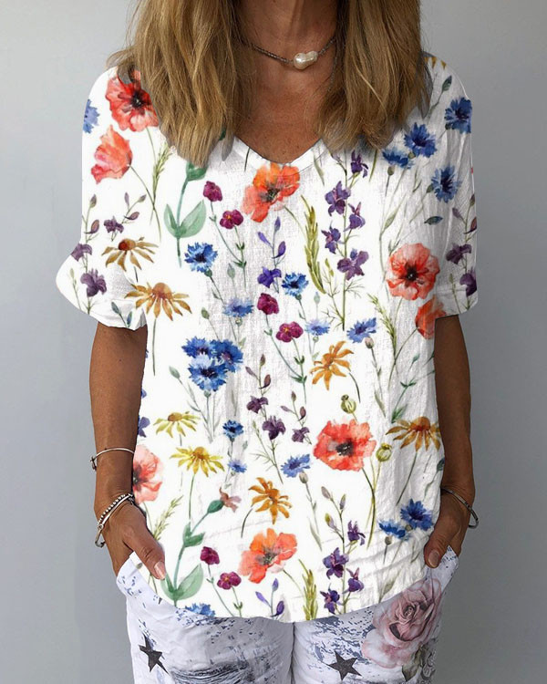 Floral Linen V Neck Loose Tops