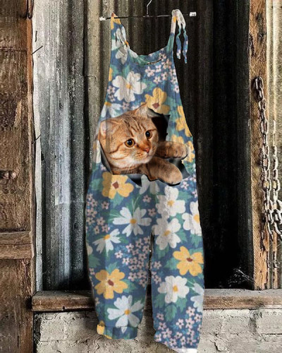 Women's  Cat And Flower Print Loose Casual Jumpsuit