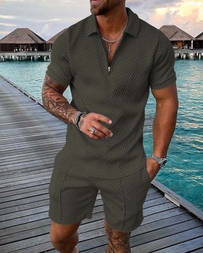 Men's Seaside Leisure Green Printing Polo Suit