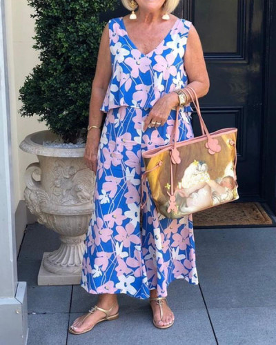 Casual Loose V-Neck Top Wide-Leg Floral Suit