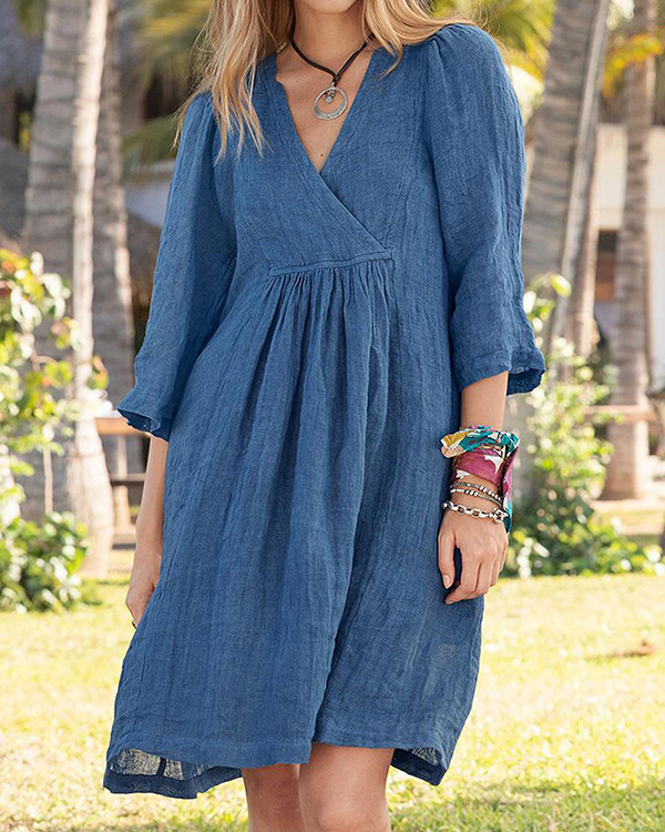 Linen Mid Sleeve V Neck Loose Casual Dress