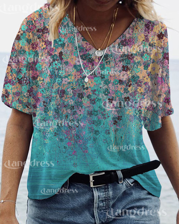 Casual V-Neck Floral Short Sleeve Top