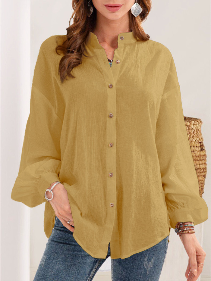 Solid Color Long Sleeve Linen Shirt Top
