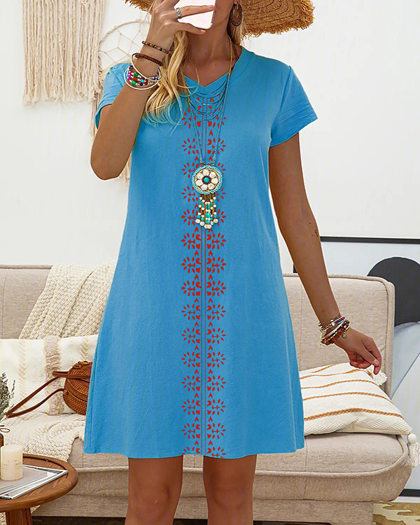 V-Neck Short Sleeve Printed Linen Dress