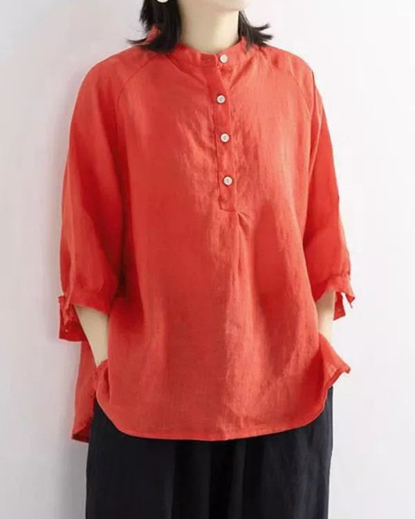 Solid Color Casual Mid Sleeve Cotton Linen Top
