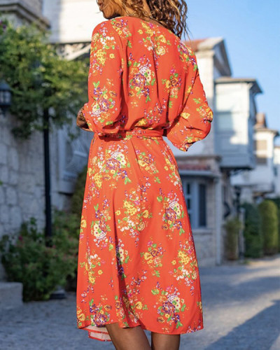 V Neck Floral 3/4 Sleeve Casual Dresses