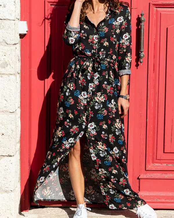 Loose Floral Printed Casual Shirt Collar Long Dresses