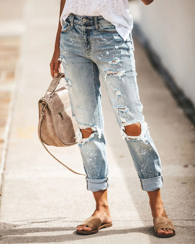 Statement Ripped Paint Print Jeans