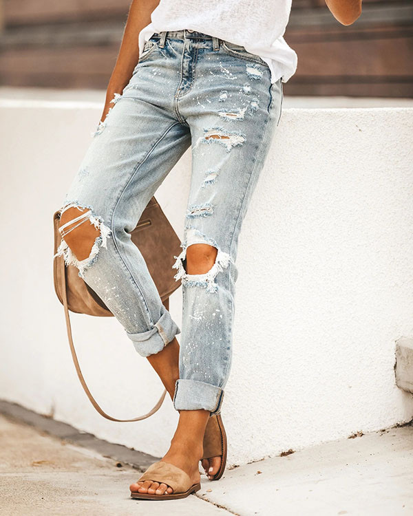 Statement Ripped Paint Print Jeans