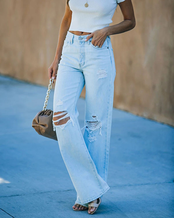 Light Color Temperament Casual Ripped Jeans