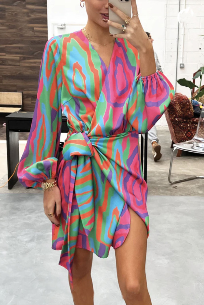 Printed Lace-up Slit V-neck Resort Dress