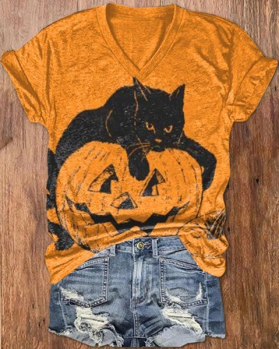 Halloween Pumpkin Meow V-Neck Top