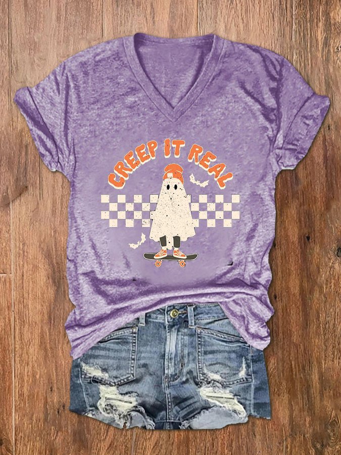 Women's Retro Vintage Ghost Halloween Creep it Real Print V-Neck T-Shirt