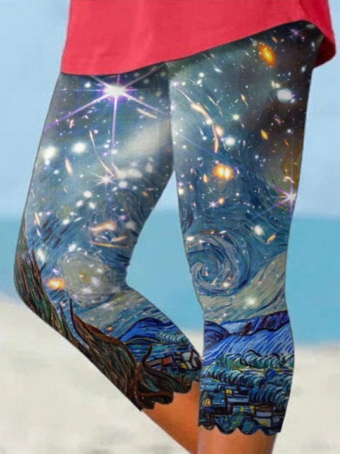 Oil Painting & Space Image Wavy Side With Pocket Print Leggings