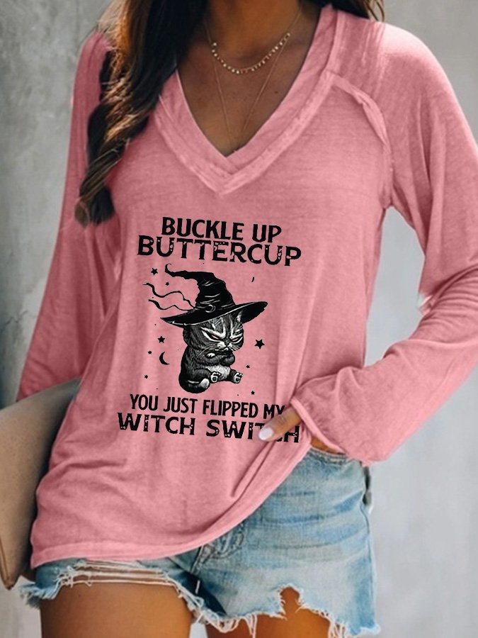 Women's Halloween Buckle Up Buttercup You Just Flipped My Witch Switc Cat Print V-Neck Long Sleeve T-Shirt