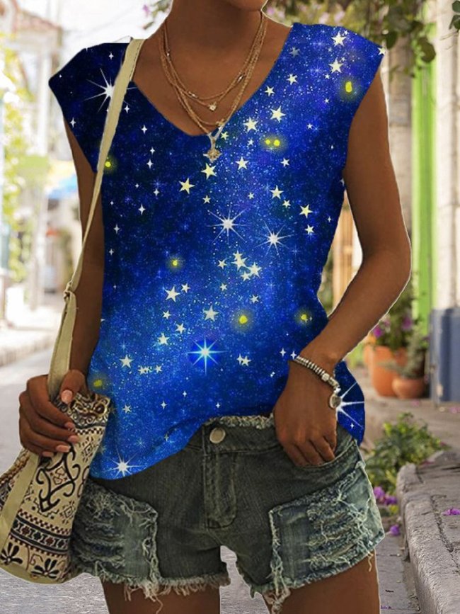 Women's Shiny Starry Sky Print Sleeveless Tee